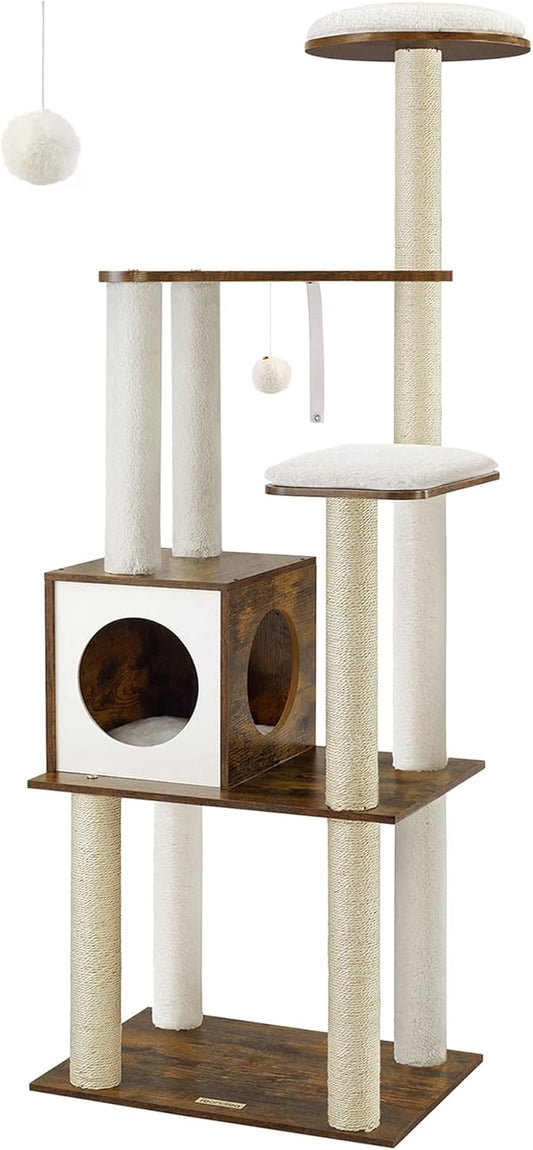 Woodywonders Cat Tree, 65-Inch Modern Cat Tower for Indoor Cats, Multi-Level Cat Condo with 5 Scratching Posts, Perch, Washable Removable Cushions, Cat Furniture, Rustic Brown UPCT166X01