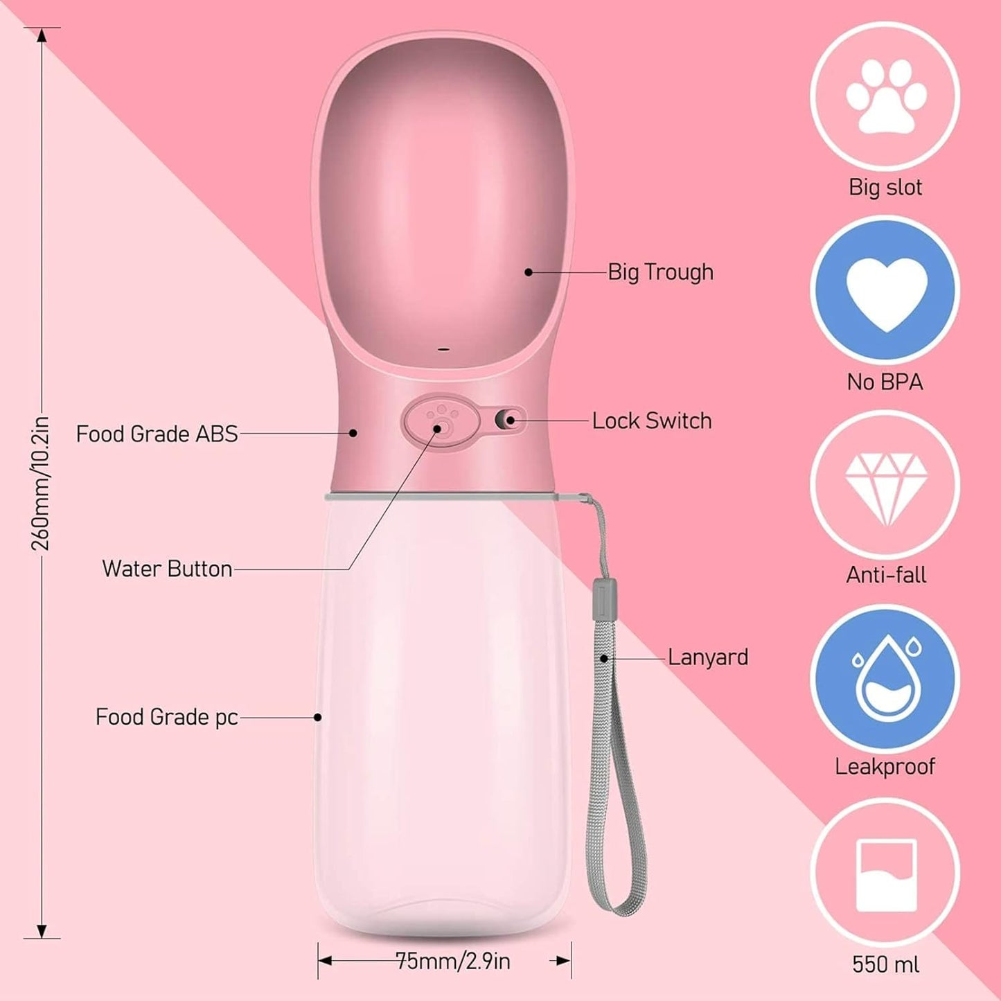 Dog Water Bottle, Leak Proof Portable Pet Water Bottles for Dogs, Puppy Water Dispenser with Drinking Feeder for Travel (Cherry Pink 19Oz)